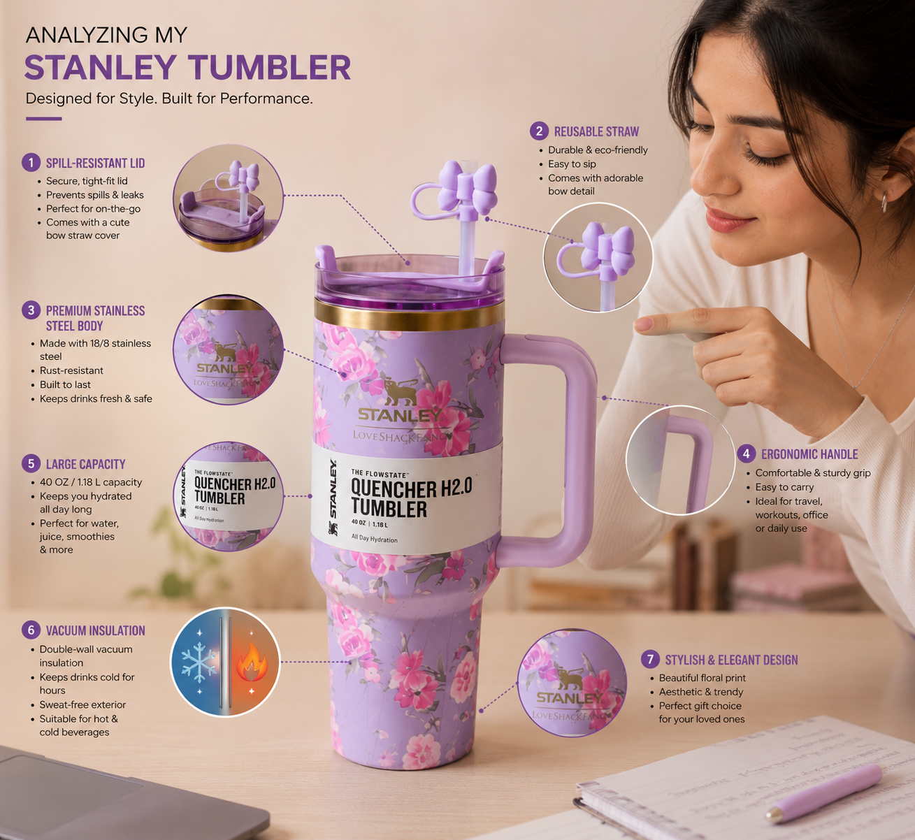 Aesthetic floral hydration tumbler for daily use
