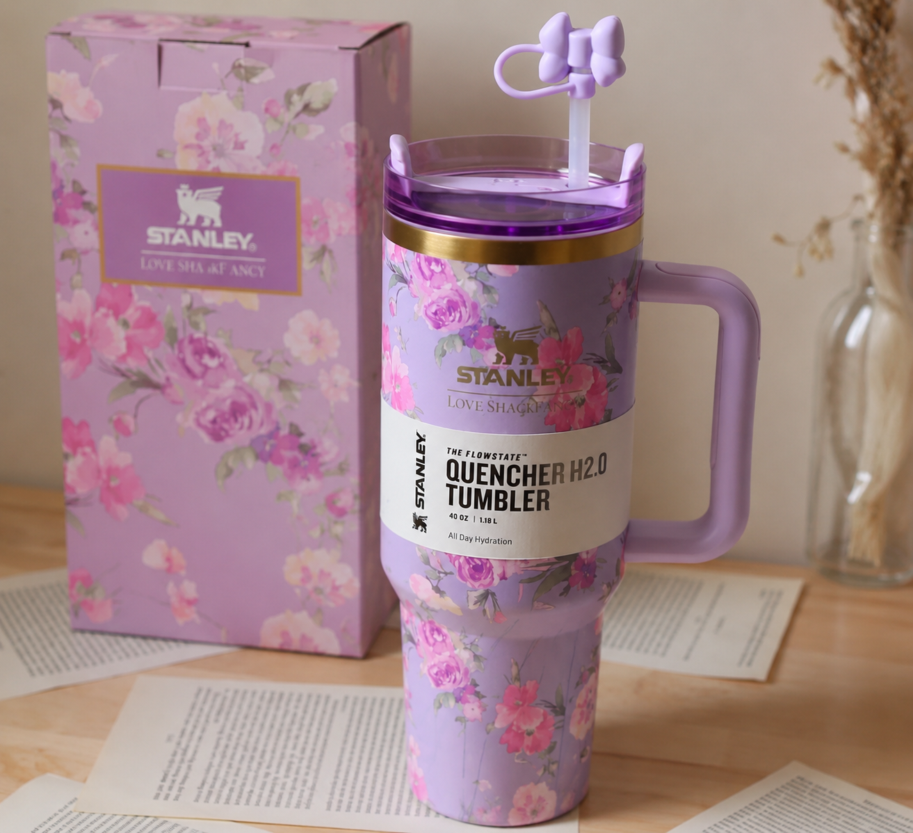 Lavender floral insulated travel tumbler with straw and handle